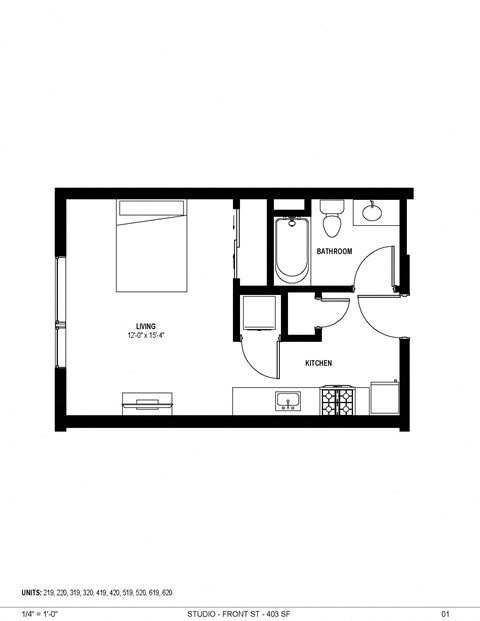 Floor plan for studio, 1 bath, 410 sqft